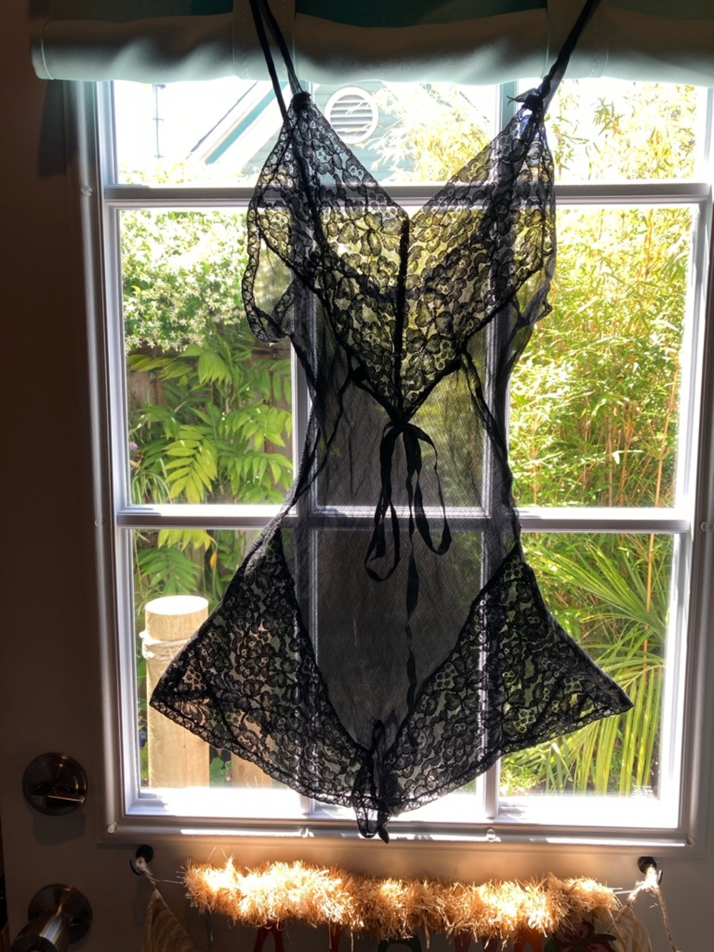 Vintage Black Lace Sheer Chemise with Tie Front
